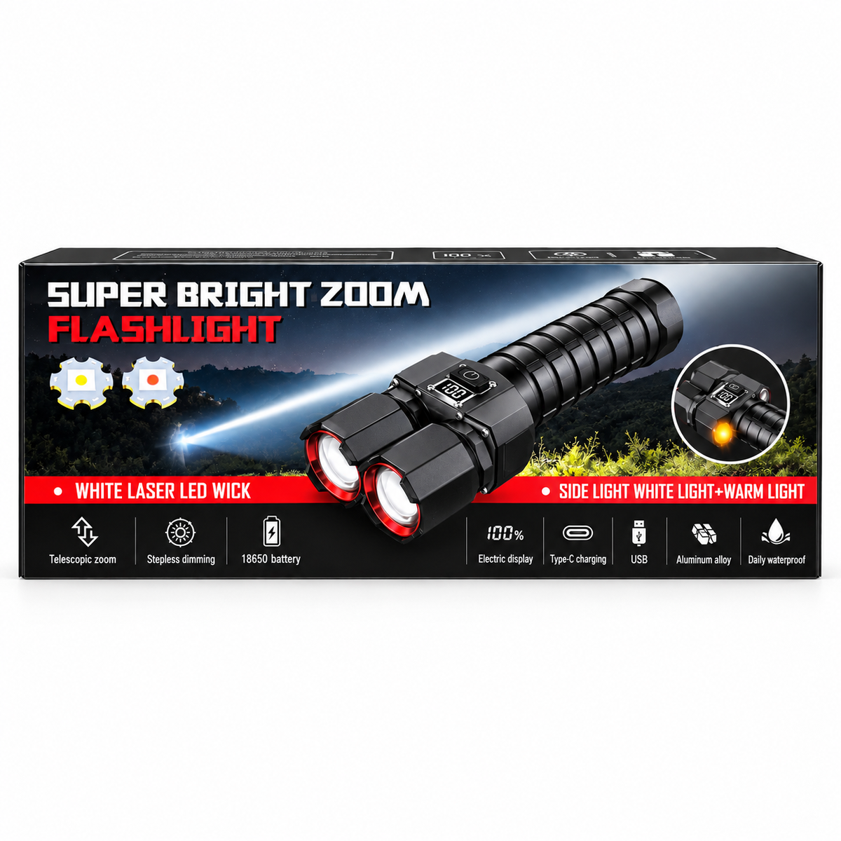 Punjiva LED Baterijska Lampa sa Dva Reflektora i Zoom Funkcijom