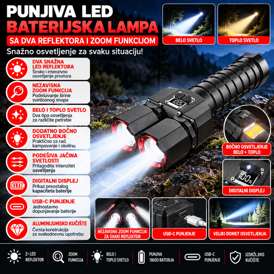 Punjiva LED Baterijska Lampa sa Dva Reflektora i Zoom Funkcijom