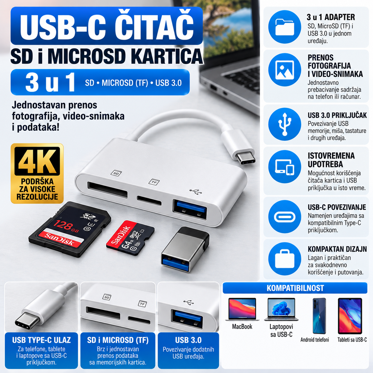 USB-C Čitač SD i MicroSD Kartica sa USB 3.0 Priključkom – 3 u 1