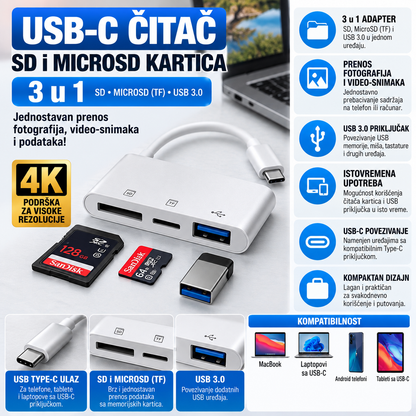 USB-C Čitač SD i MicroSD Kartica sa USB 3.0 Priključkom – 3 u 1