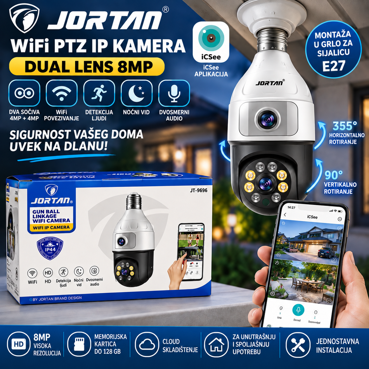 WiFi PTZ IP Kamera JORTAN JT-9696 – Dual Lens 8MP sa ICSEE Aplikacijom