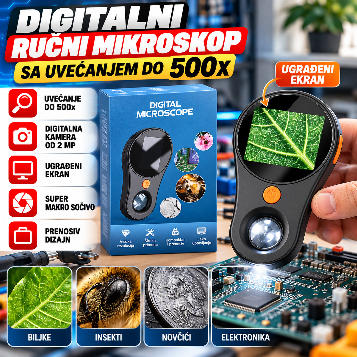 Digitalni Ručni Mikroskop sa Uvećanjem 500x