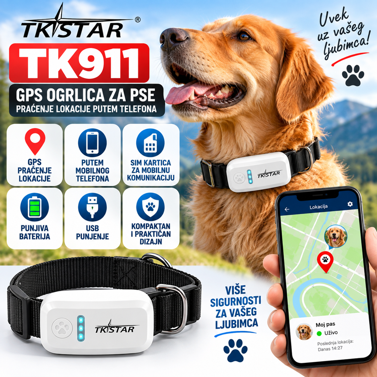 GPS Ogrlica za Pse TKSTAR TK911 – Praćenje Lokacije Putem Telefona