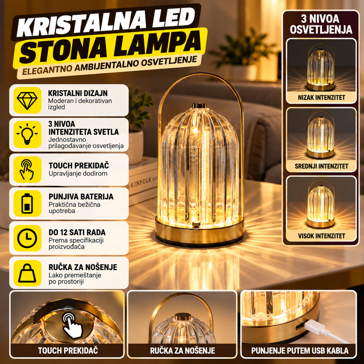 Kristalna LED Stona Lampa Andowl Q-LED33