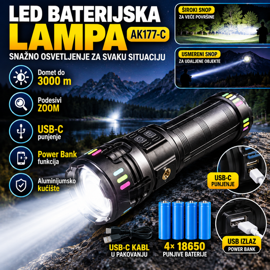 LED Baterijska Lampa AK177-C sa Zoomom i USB Punjenjem