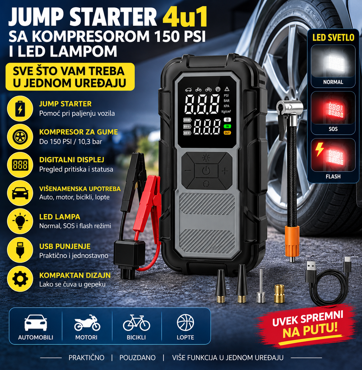 Jump Starter 4u1 sa Kompresorom 150 PSI i LED Lampom