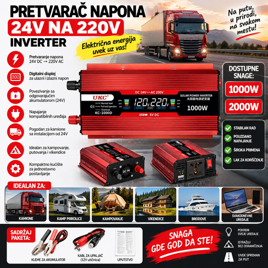 Pretvarač Napona – Inverter 24V na 220V sa Digitalnim Displejem | 1000W / 2000W