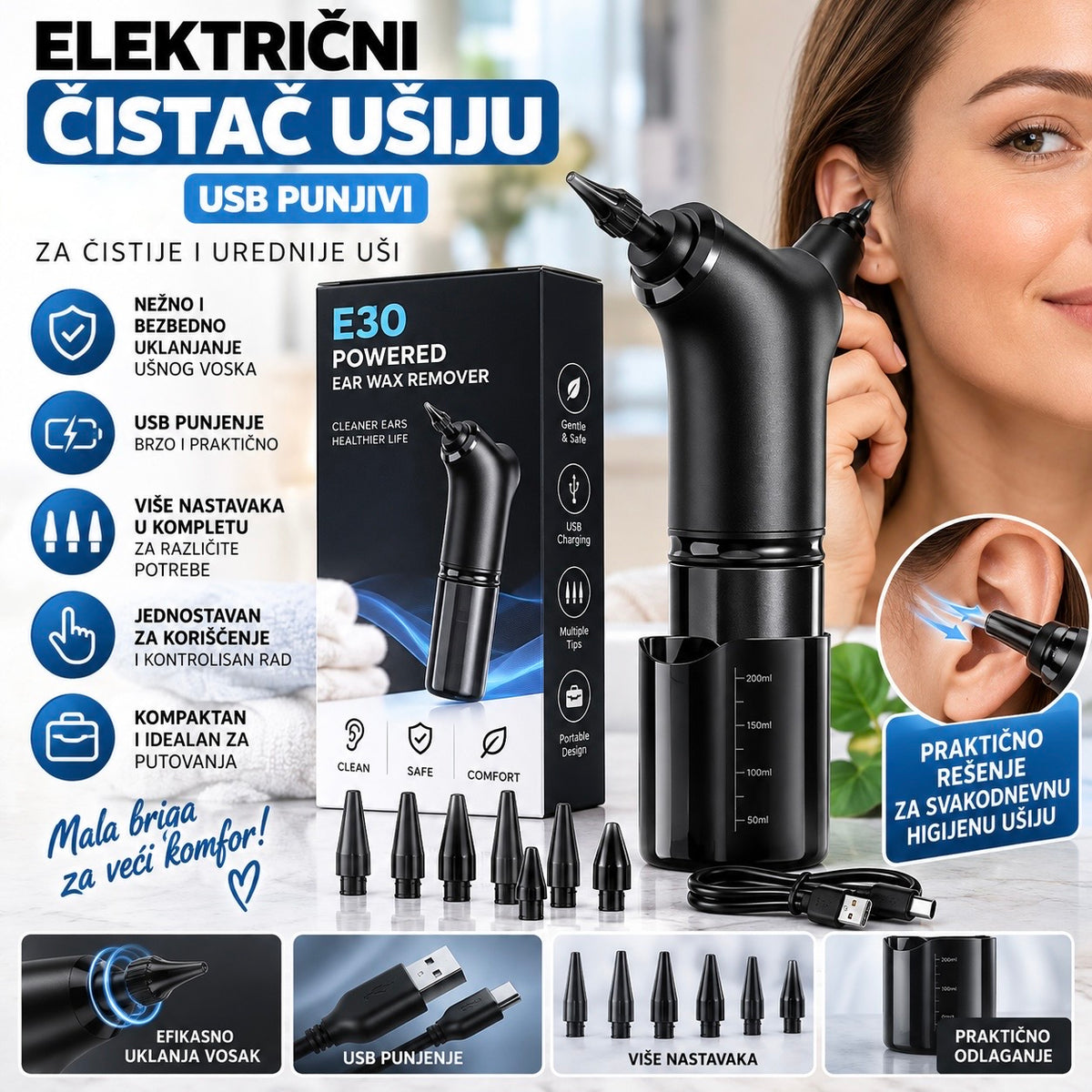 Električni Čistač Ušiju sa Nastavcima – USB Punjivi