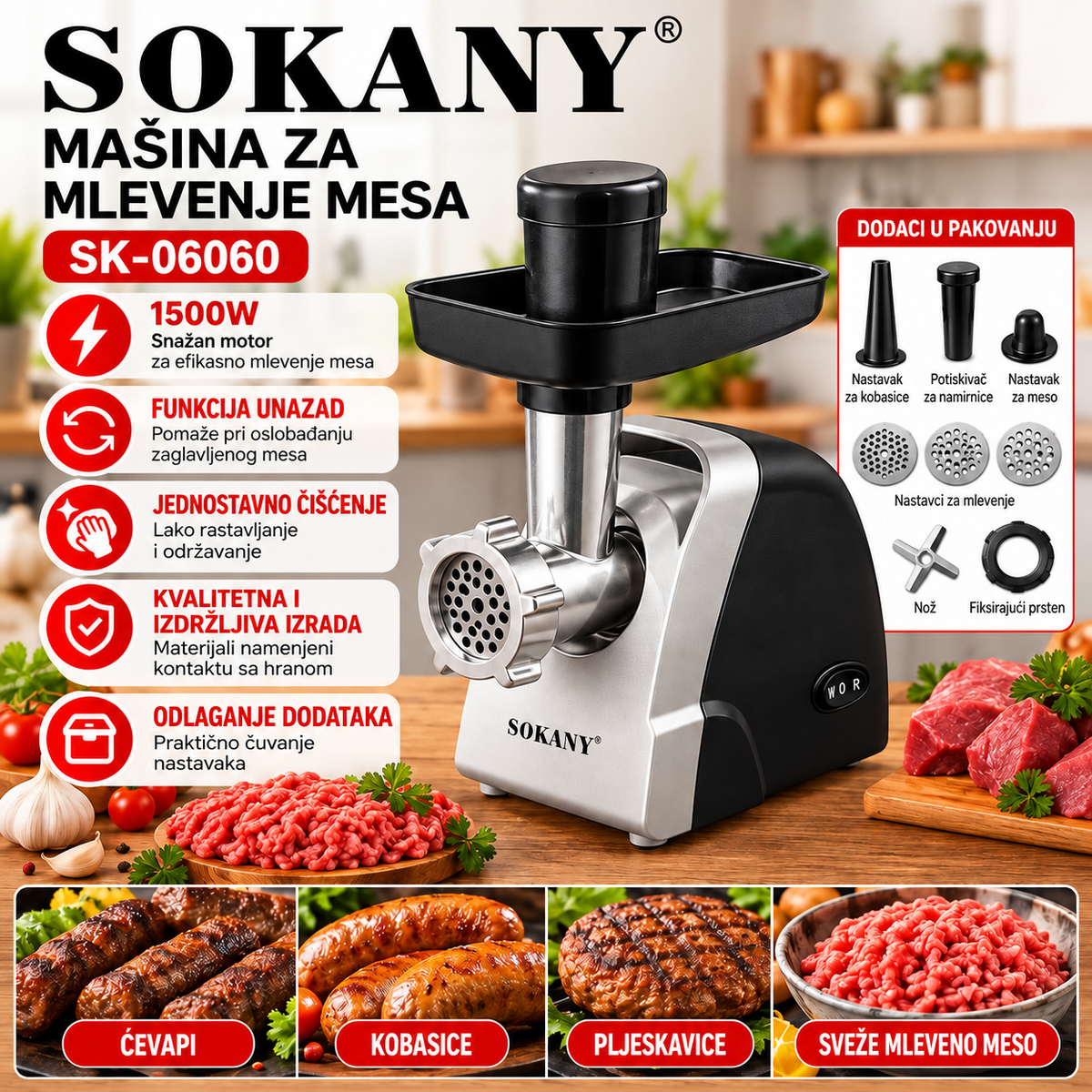 SOKANY Električna Mašina za Mlevenje Mesa 1500W