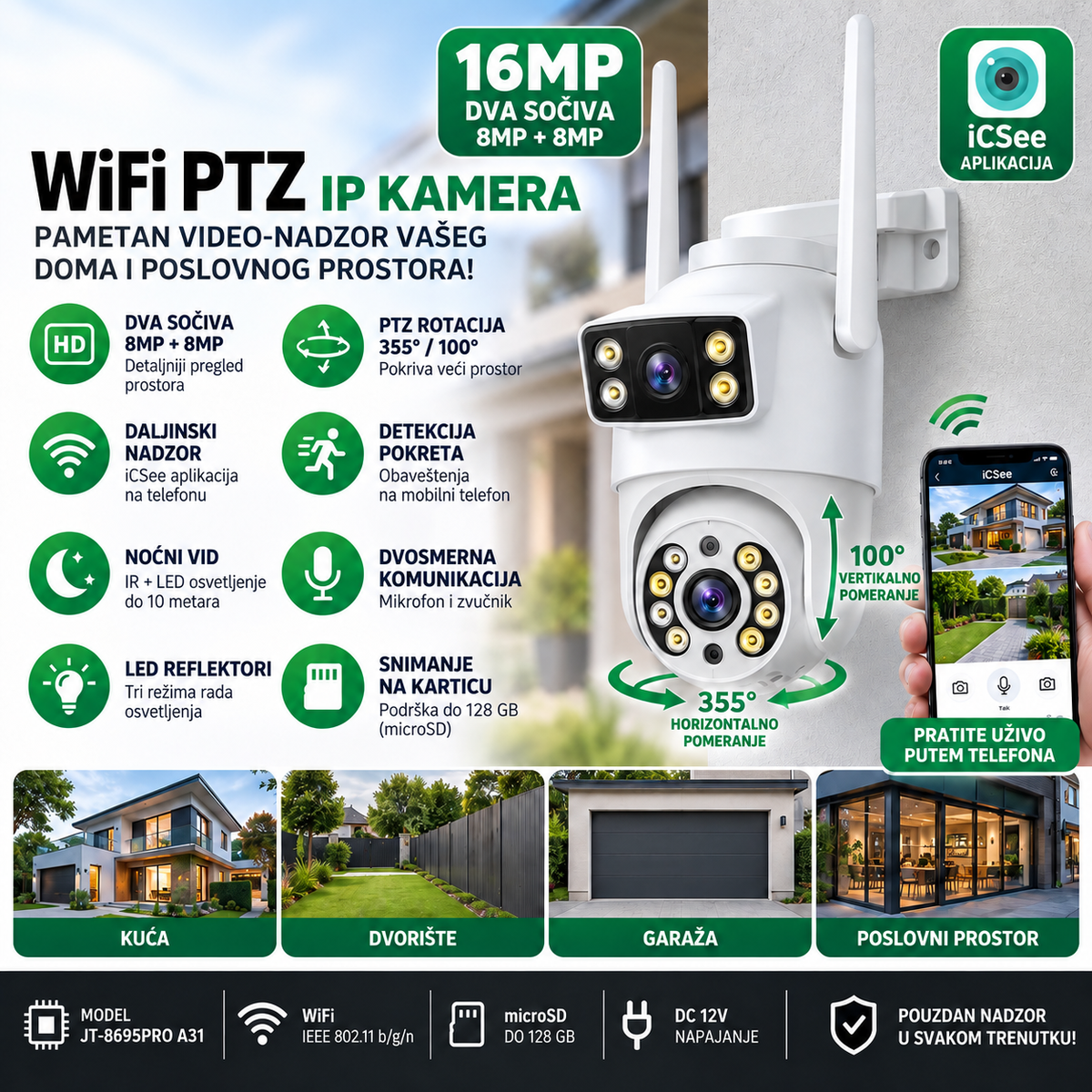 WiFi PTZ IP Kamera sa Dva Sočiva 16MP – Noćni Vid i Detekcija Pokreta