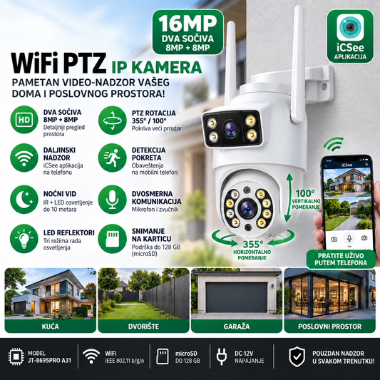 WiFi PTZ IP Kamera sa Dva Sočiva 16MP – Noćni Vid i Detekcija Pokreta