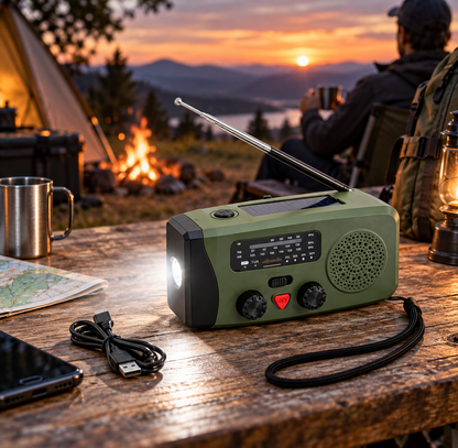 Emergency Radio 4u1 – Solarno, Ručno Punjenje, LED Lampa i Power Bank