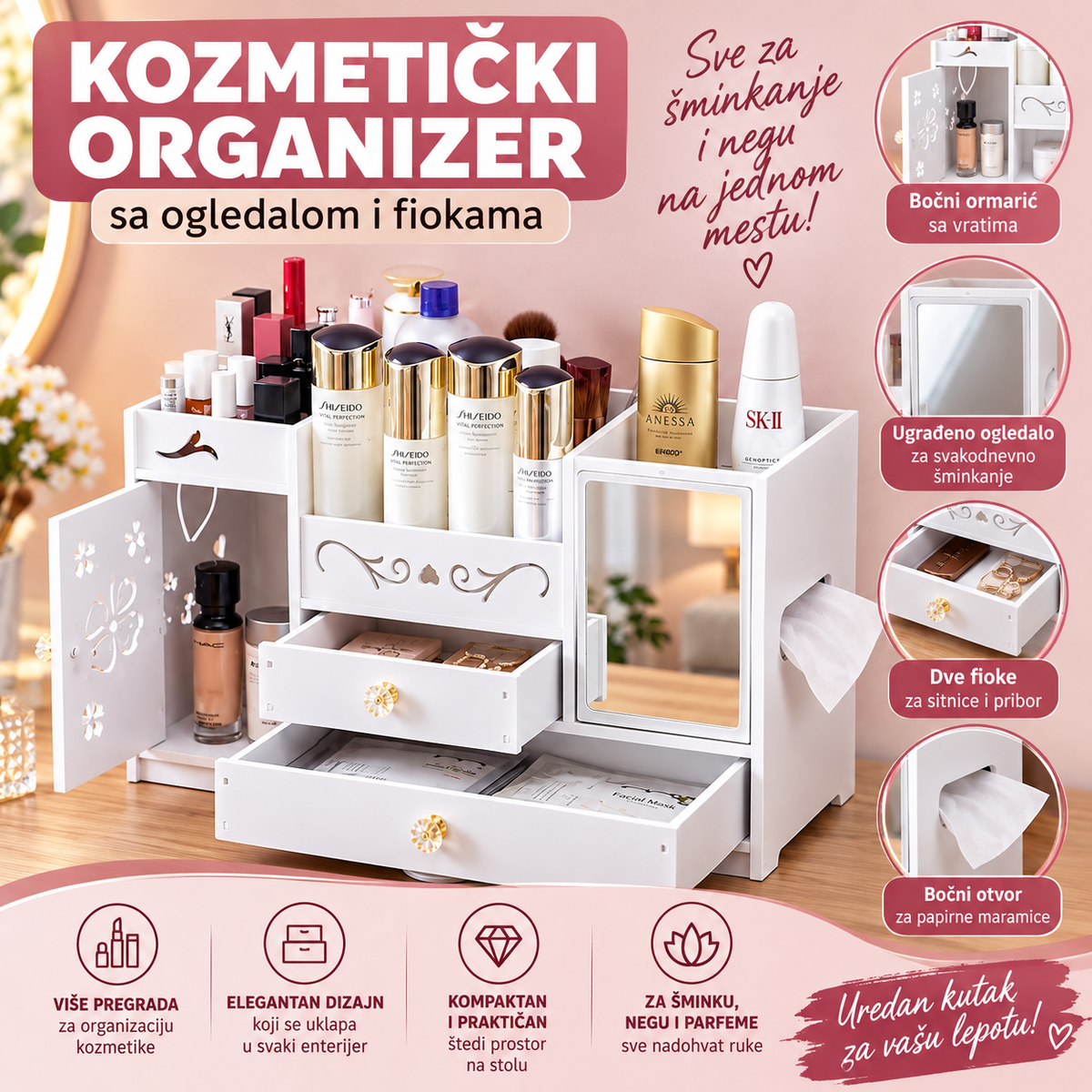Kozmetički Organizer sa Ogledalom i Fiokama