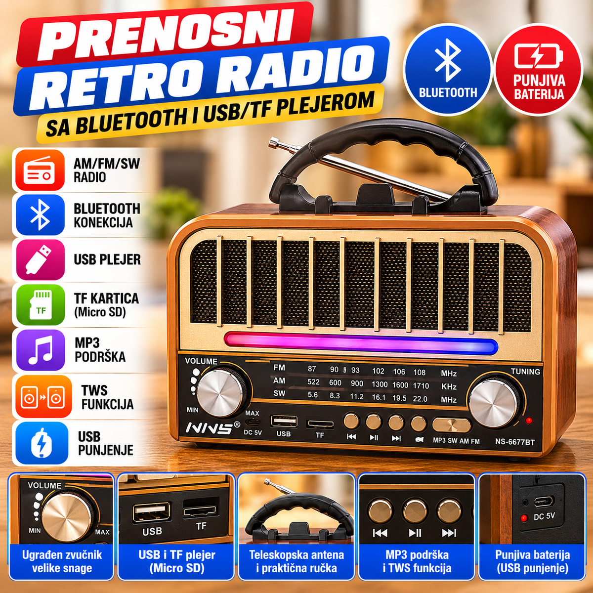 Prenosni Retro Radio sa Bluetooth i USB/TF Plejerom