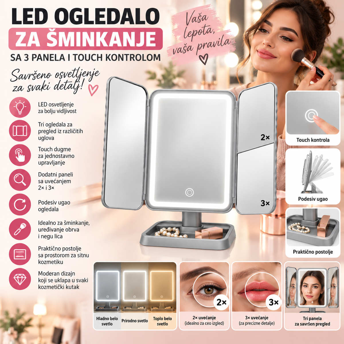 LED Ogledalo za Šminkanje sa 3 Panela i Touch Kontrolom