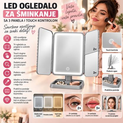LED Ogledalo za Šminkanje sa 3 Panela i Touch Kontrolom