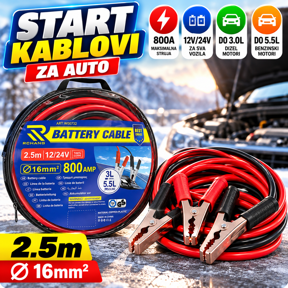 Start Kablovi za Auto 800A 2.5m – 12V/24V