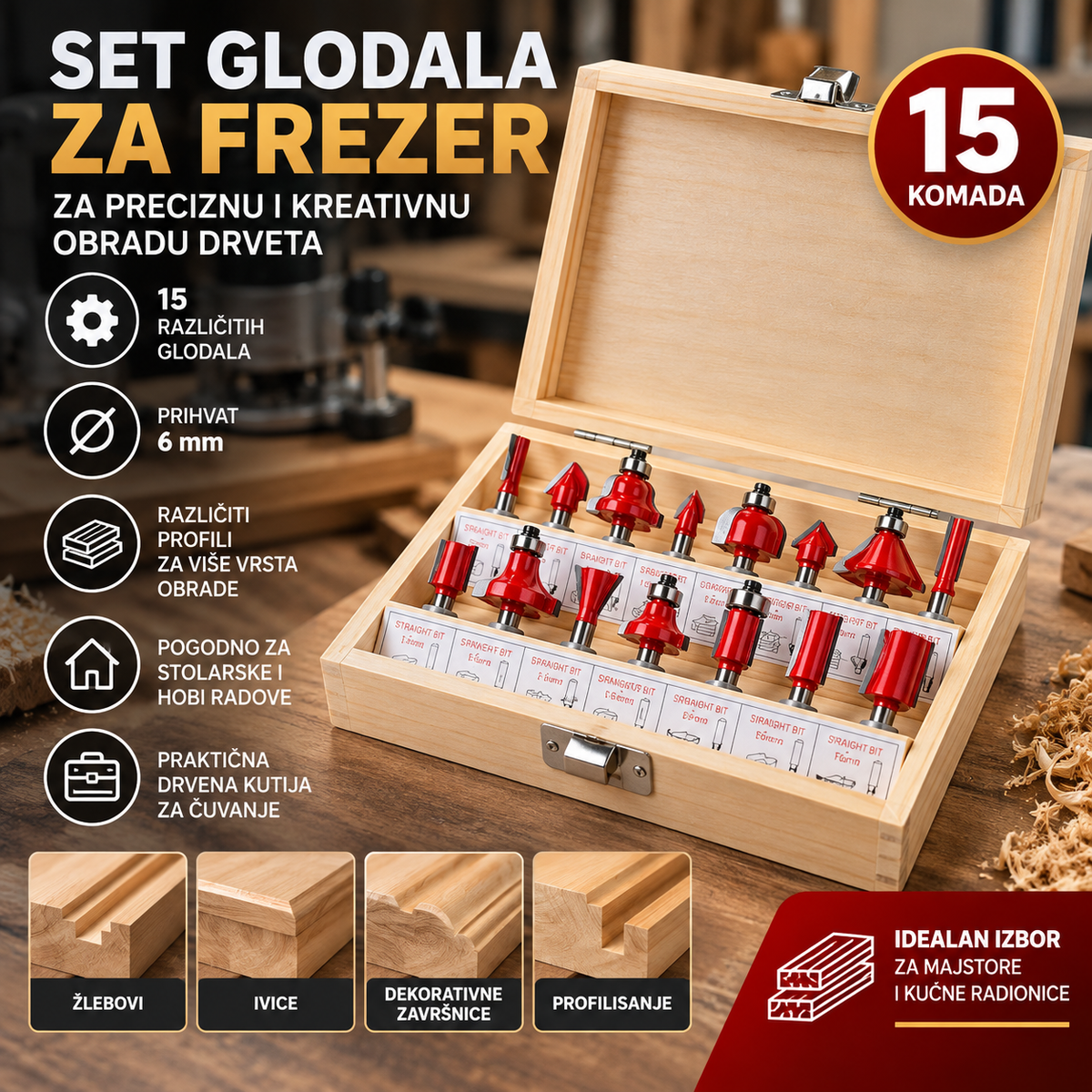 Set glodala za frezer 15 kom – Prihvat 6 mm u drvenoj kutiji
