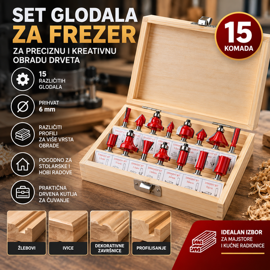 Set glodala za frezer 15 kom – Prihvat 6 mm u drvenoj kutiji