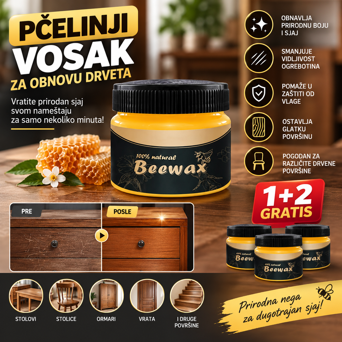 Beewax Pčelinji Vosak za Poliranje Drvenih Površina 1+2 Gratis