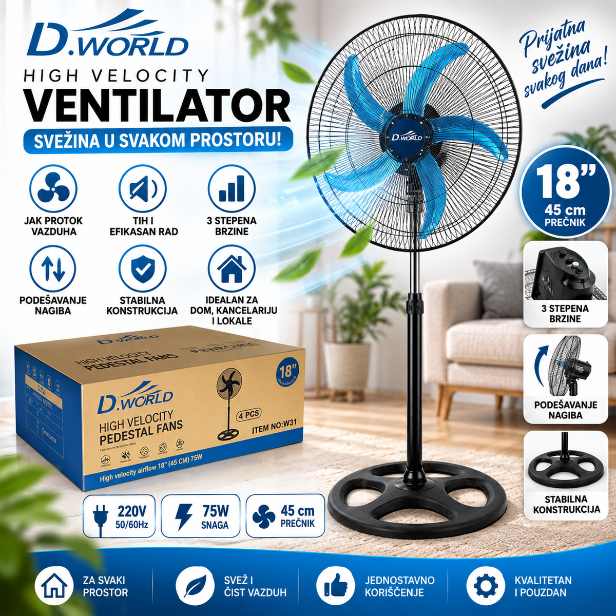 D-World Ventilator 18” 45cm 75W – Snažan i Tih