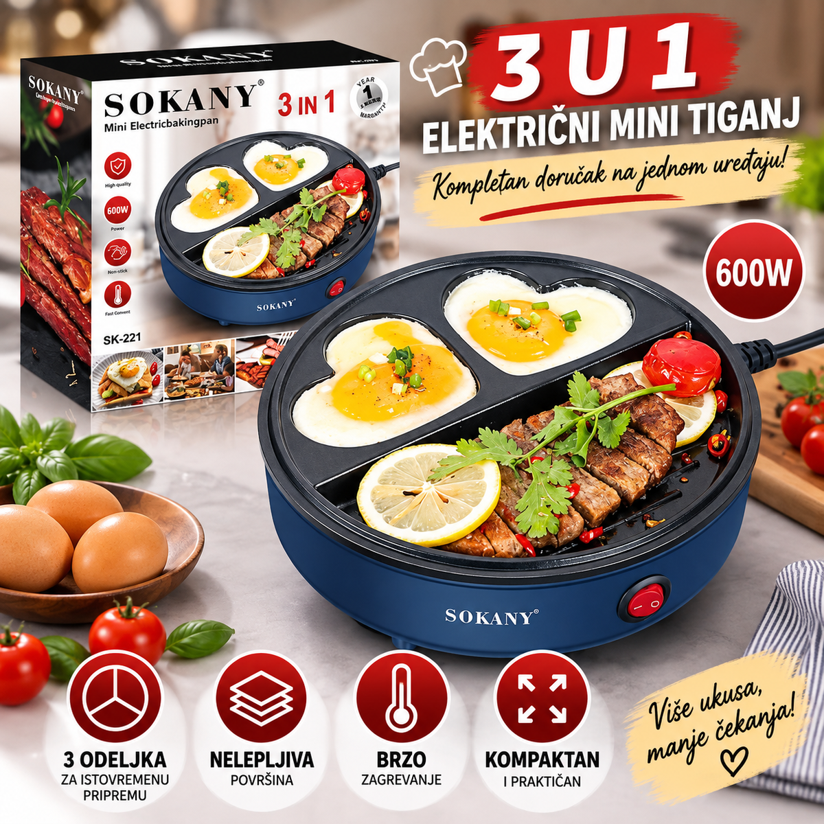 Mini Električni Gril Tiganj - Sokany 3u1