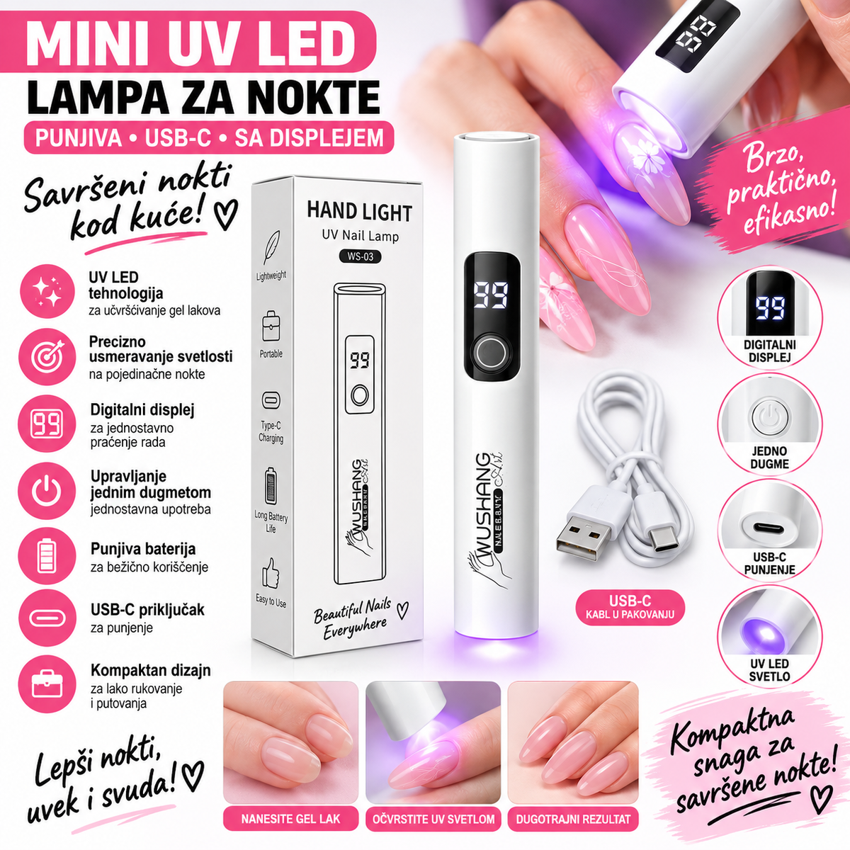 Mini UV LED Lampa za Nokte sa Displejem – Punjiva, USB-C