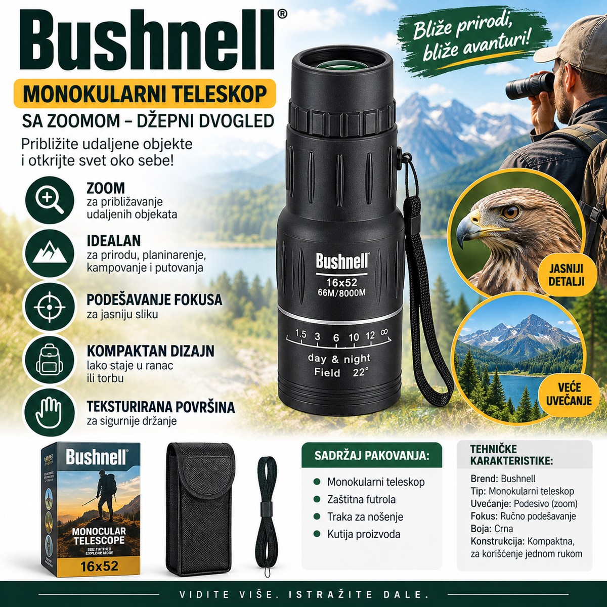 Bushnell Monokularni Teleskop sa Zoomom – Džepni Dvogled