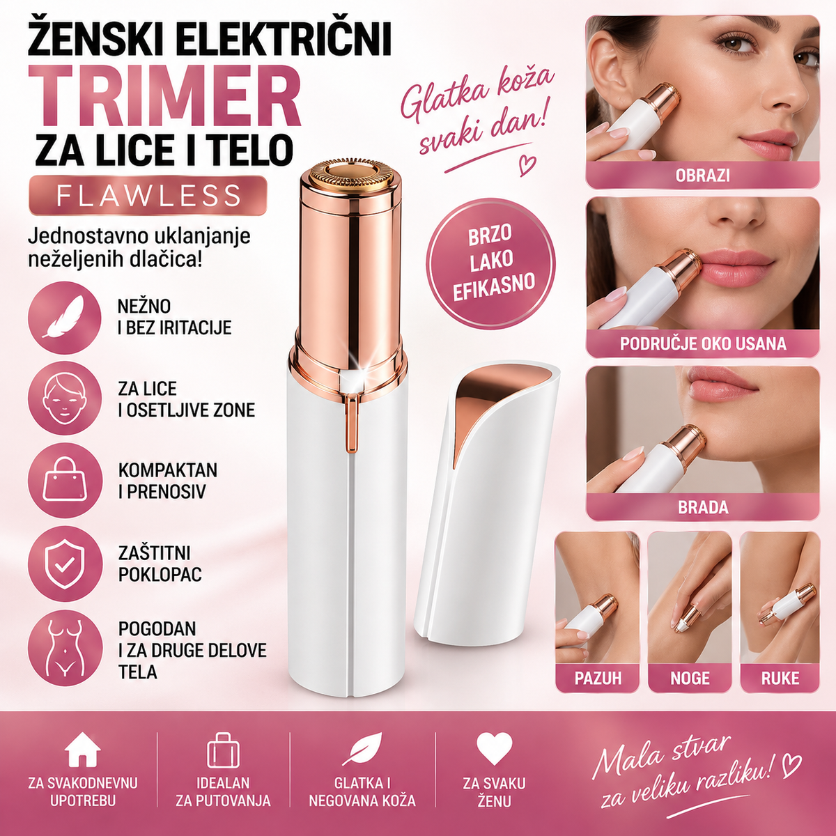 Ženski Električni Trimer za Lice i Telo – Flawless