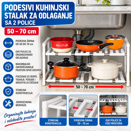 Podesivi Kuhinjski Stalak za Odlaganje sa 2 Police – 50–70 cm