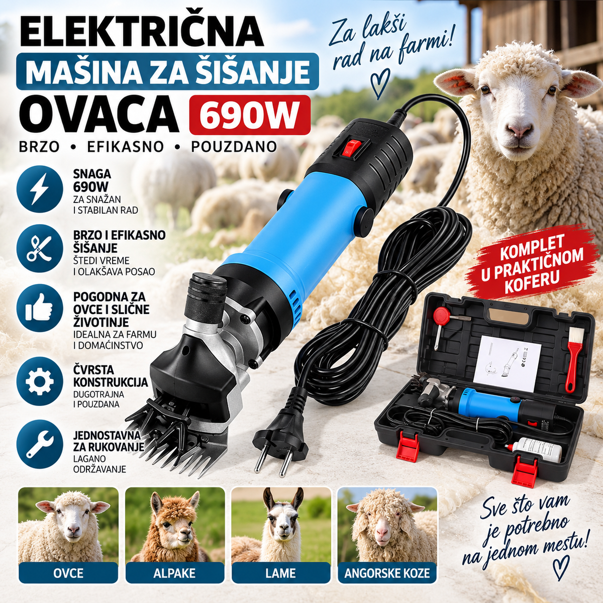 Električna mašina za šišanje ovaca 690W