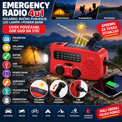 Emergency Radio 4u1 – Solarno, Ručno Punjenje, LED Lampa i Power Bank