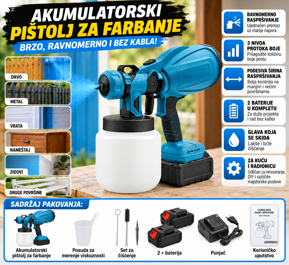 Aku Pištolj za Farbanje sa 2 Baterije i Punjačem