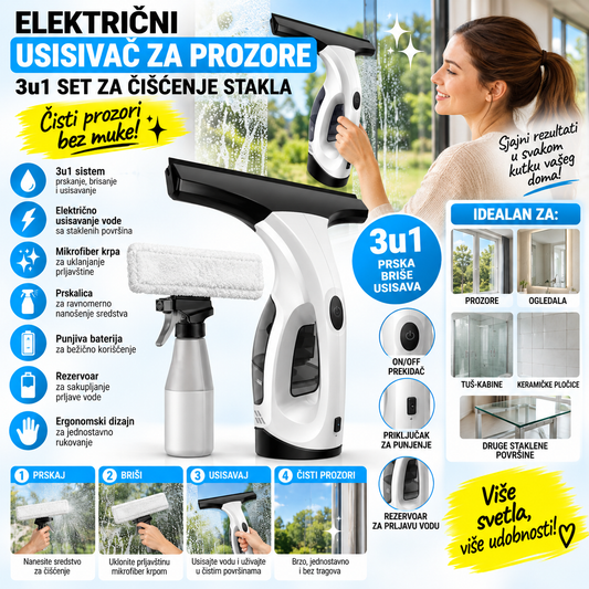 Električni Usisivač za Prozore sa Prskalicom – 3u1 Set za Čišćenje Stakla